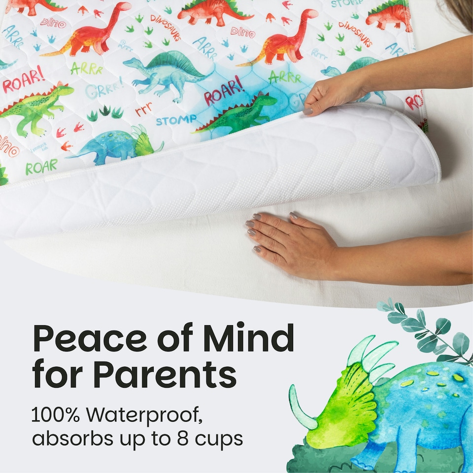 image 1 of Toddler Potty Training Bed Pads - Non-Slip - Soft Waterproof Bedwetting Pee Protector Mat for Kids - Multi-Layer, Washable, Absorbs Up to 2000ml - 90 x 85cm White | Dinosaur | Single