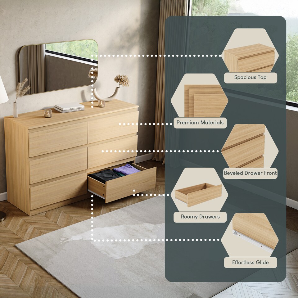 image 1 of Vida Designs Denver 6 Drawer Chest of Drawers Bedroom Storage, Pine