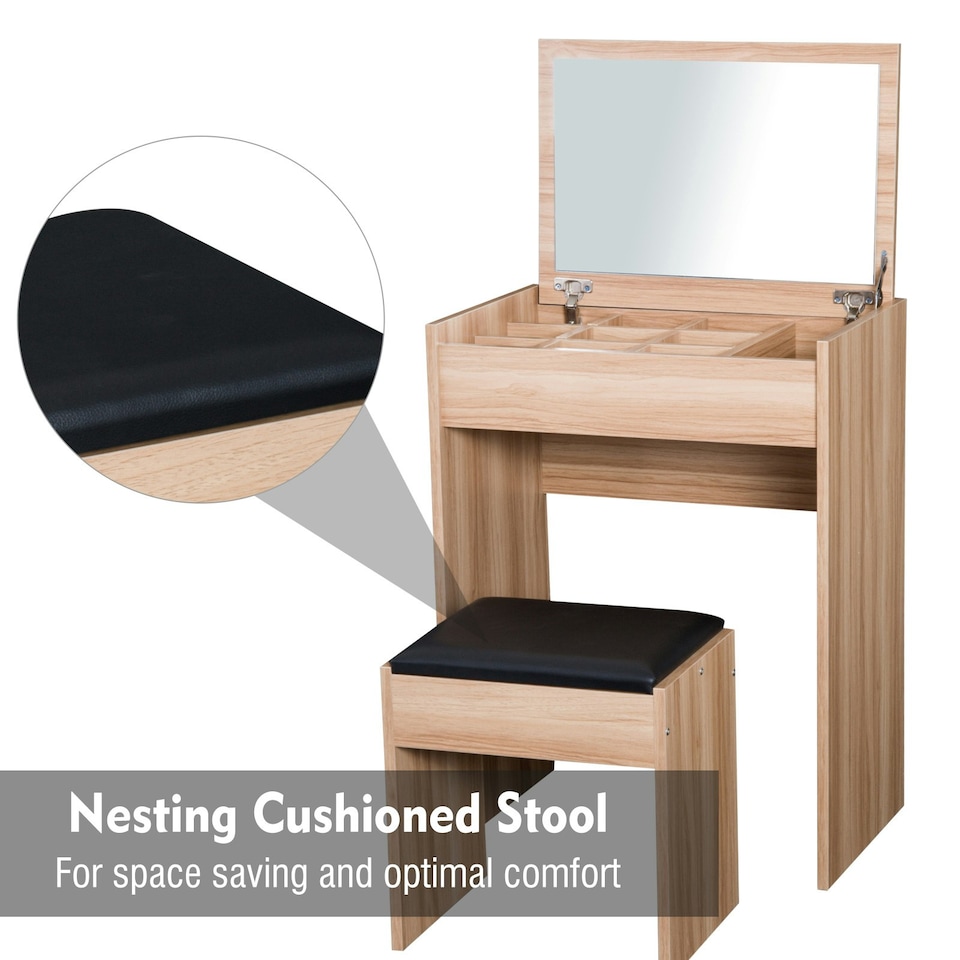 image 1 of HOMCOM Dressing Table Set Cushioned Stool Flip-up Mirror Chipboard - Wood Grain