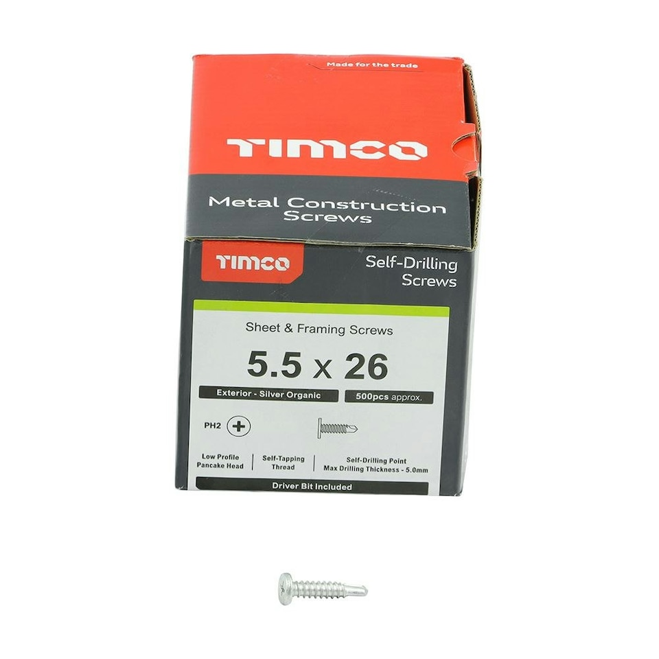 image 1 of Timco - Metal Construction Sheet & Framing Screws - PH - Low Profile Pancake - Exterior - Silver Organic (Size 5.5 x 26 - 500 Pieces)