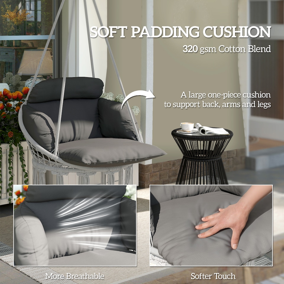 image 1 of Outsunny Hanging Chair Outdoor Hammock Chair with Soft Cushion, Cotton Rope Boho Style Swing Chair, Hanging Garden Swing Seat for Indoor Outdoor, Dark Grey | Grey | Dark Grey