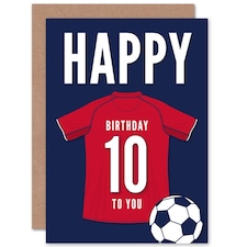 Football Strip Kit Dark Red Top On 10 Year old Kids 10th Birthday Card