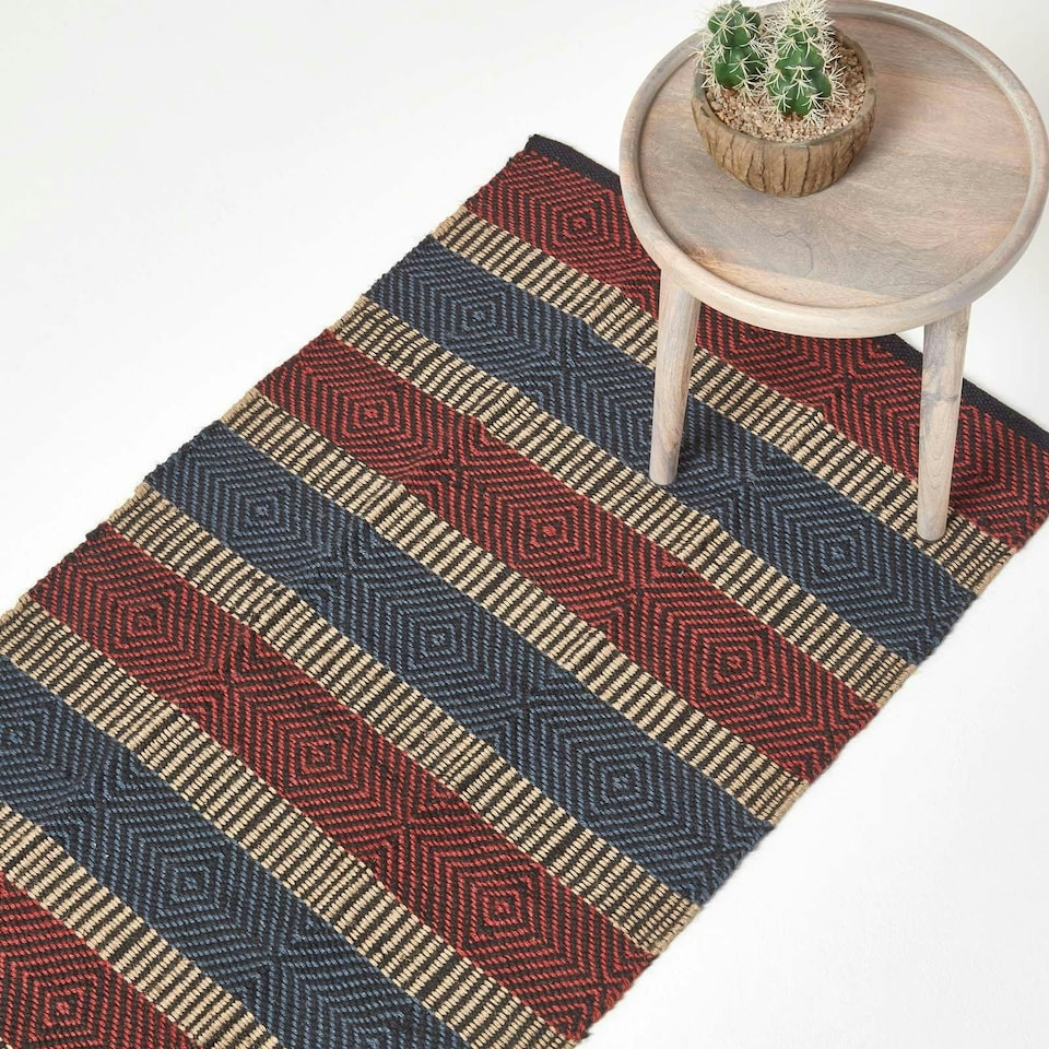 image 1 of Homescapes Multicolour Striped Jute Hall Runner - 66 x 200 cm | Multi | Red & blue