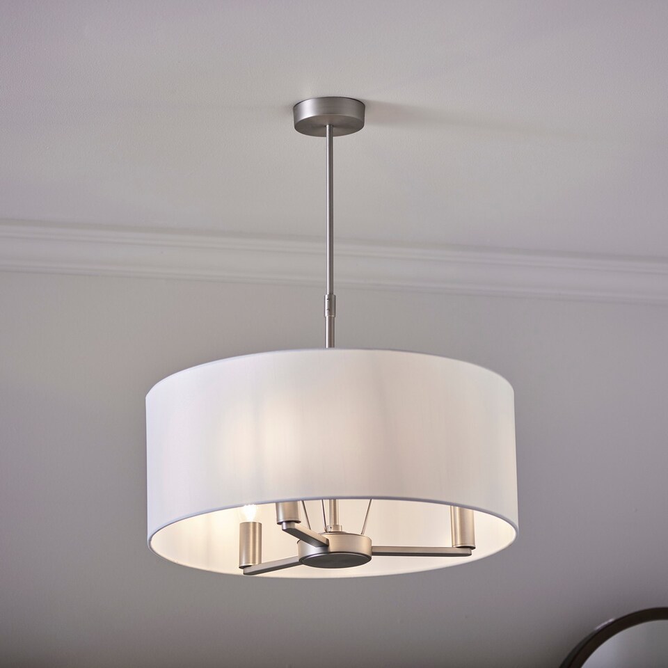 image 1 of Daley 3 Light Multi Arm Ceiling Pendant Matt Nickel, Cylindrical Vintage White Silk Effect Shade, E14