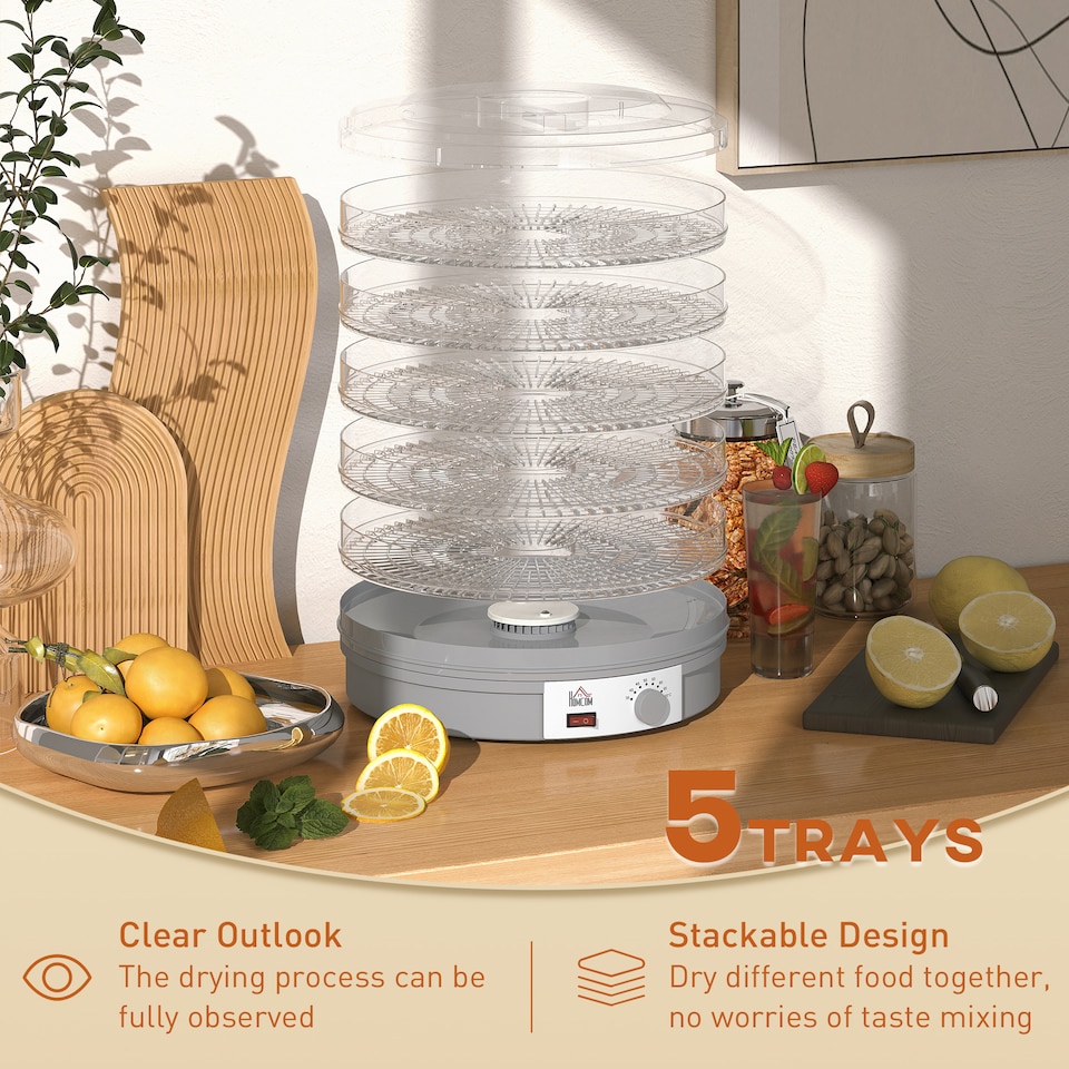 image 1 of HOMCOM 5 Tier Food Dehydrator, 245W Food Dryer Machine with Adjustable Temperature Control for Drying Fruit, Meat, Vegetable, Jerky and Pet Treat, Grey
