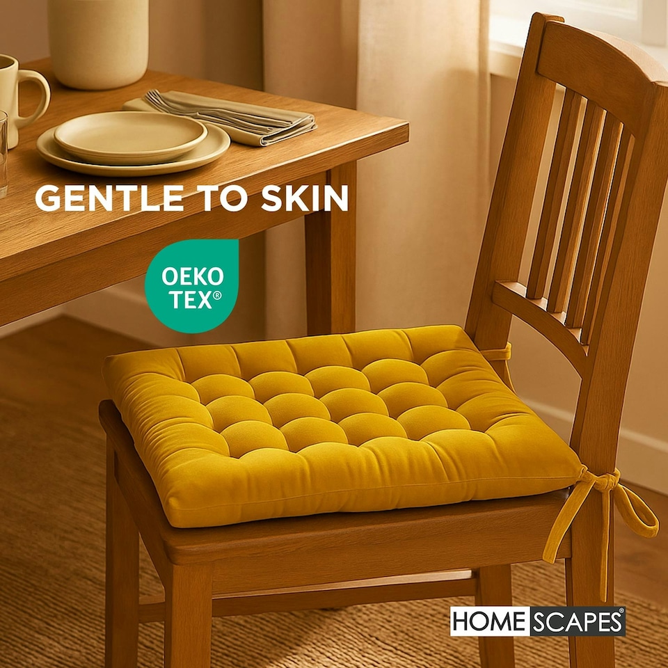image 1 of Homescapes Set of 4 Seat Pads Luxury 100% Cotton Velvet Indoor Outdoor Garden Dining Cushion Yellow | 40 x 40 cm