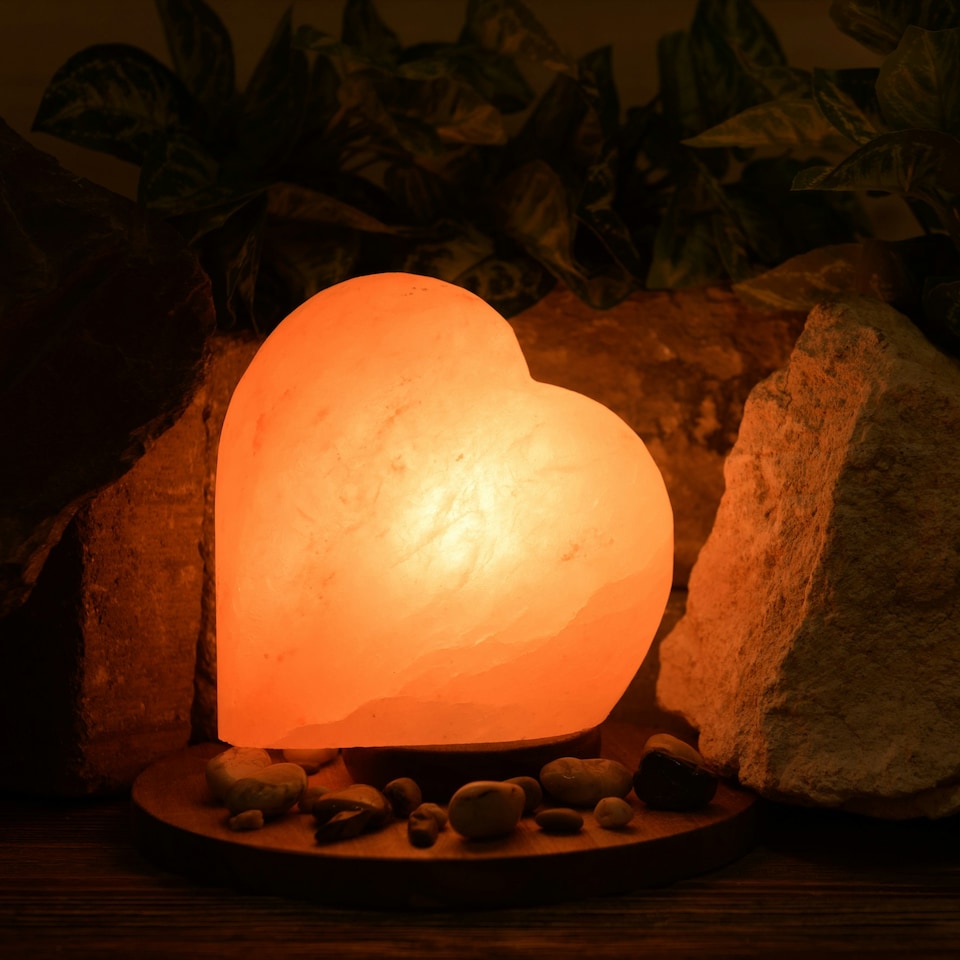 image 1 of Heart Shaped Salt Lamp with Wooden Base