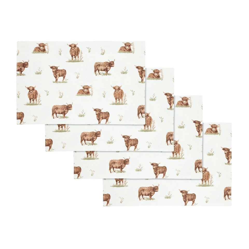 image 1 of Catherine Lansfield Angus Highland Cow Cotton Dining Placemat 4 Pack Natural Cream | Natural