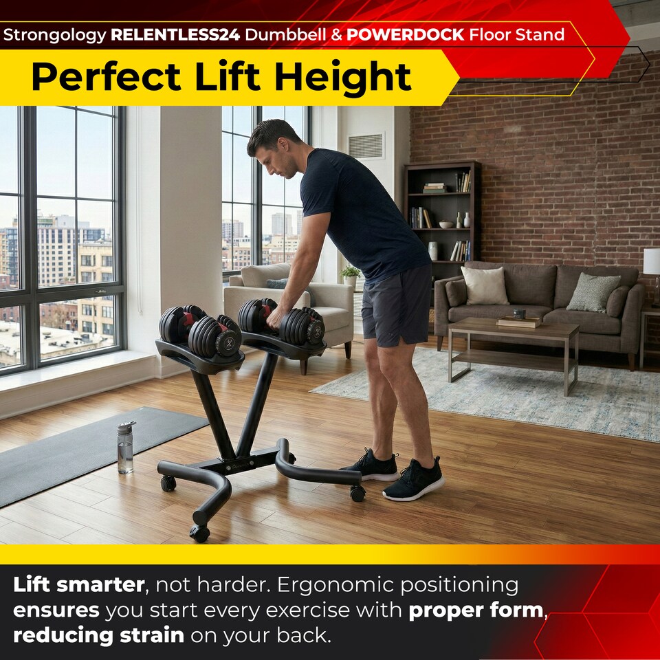 image 1 of Strongology RELENTLESS24 Adjustable Dumbbell Pair (2.5-24kg) and POWERDOCK Stand 15-in-1 Quick-Select Weights Home Gym Bundle
