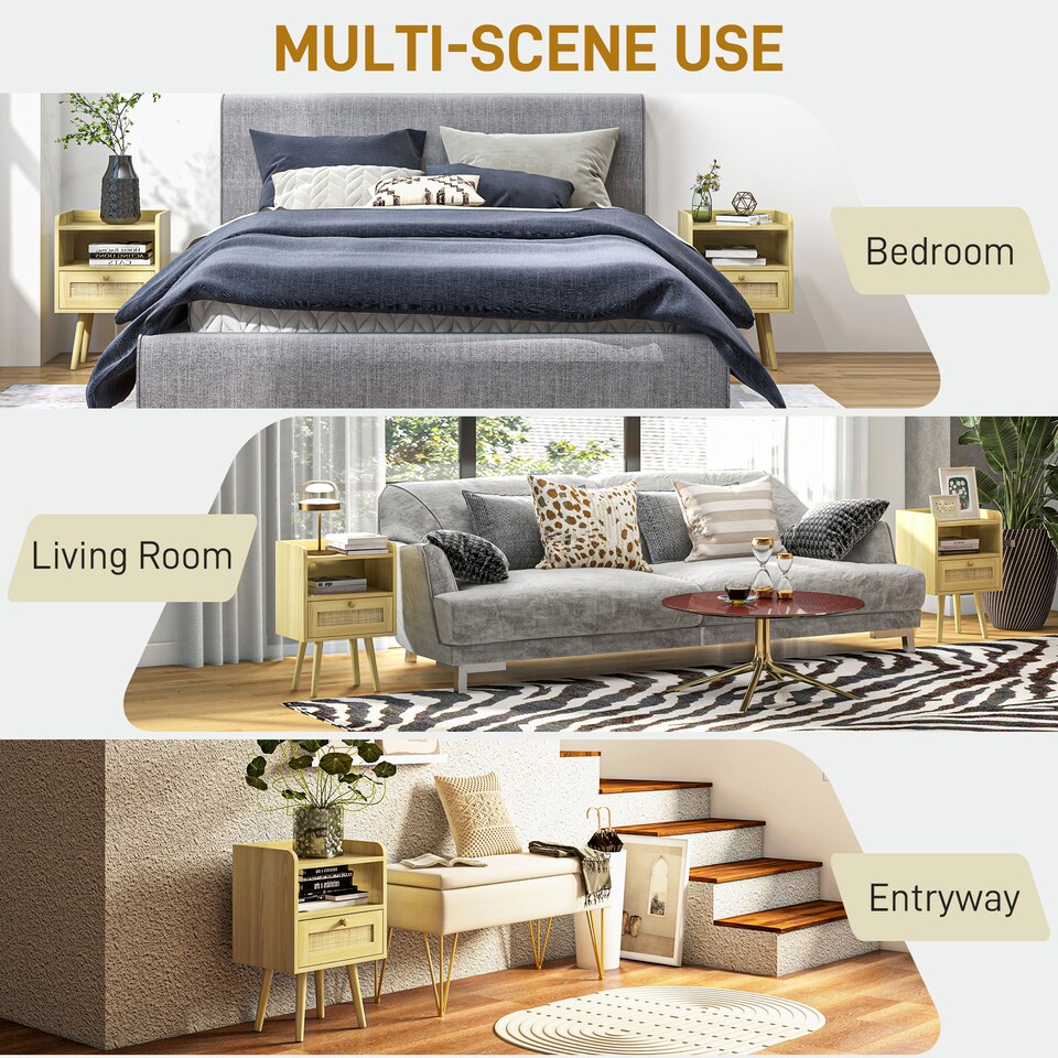 image 1 of HOMCOM Bedside Tables Set of 2, Boho Styled Nightstand with Drawer, Storage Compartment and Rattan Accent, Side End Table for Bedroom, 40 x 30 x 60cm, Natural Wood Finish