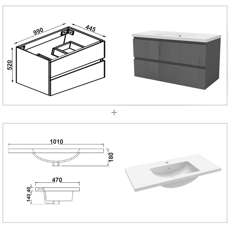 image 1 of AICA 1000mm Wall-Hung Gloss Anthracite Bathroom Vanity Unit With Integrated Sink,2 Soft-Close Drawers for Storage