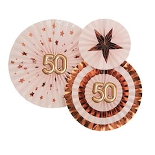 Age 50 Pink & Rose Gold Pinwheel Fan Hanging Decorations - Pack of 3