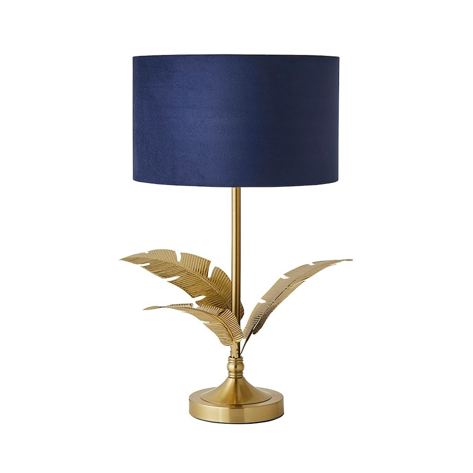 image 1 of ValueLights Christina Navy Blue Velvet with Gold Inner Drum Shade Gold Palm Leaf Table Lamp Gold