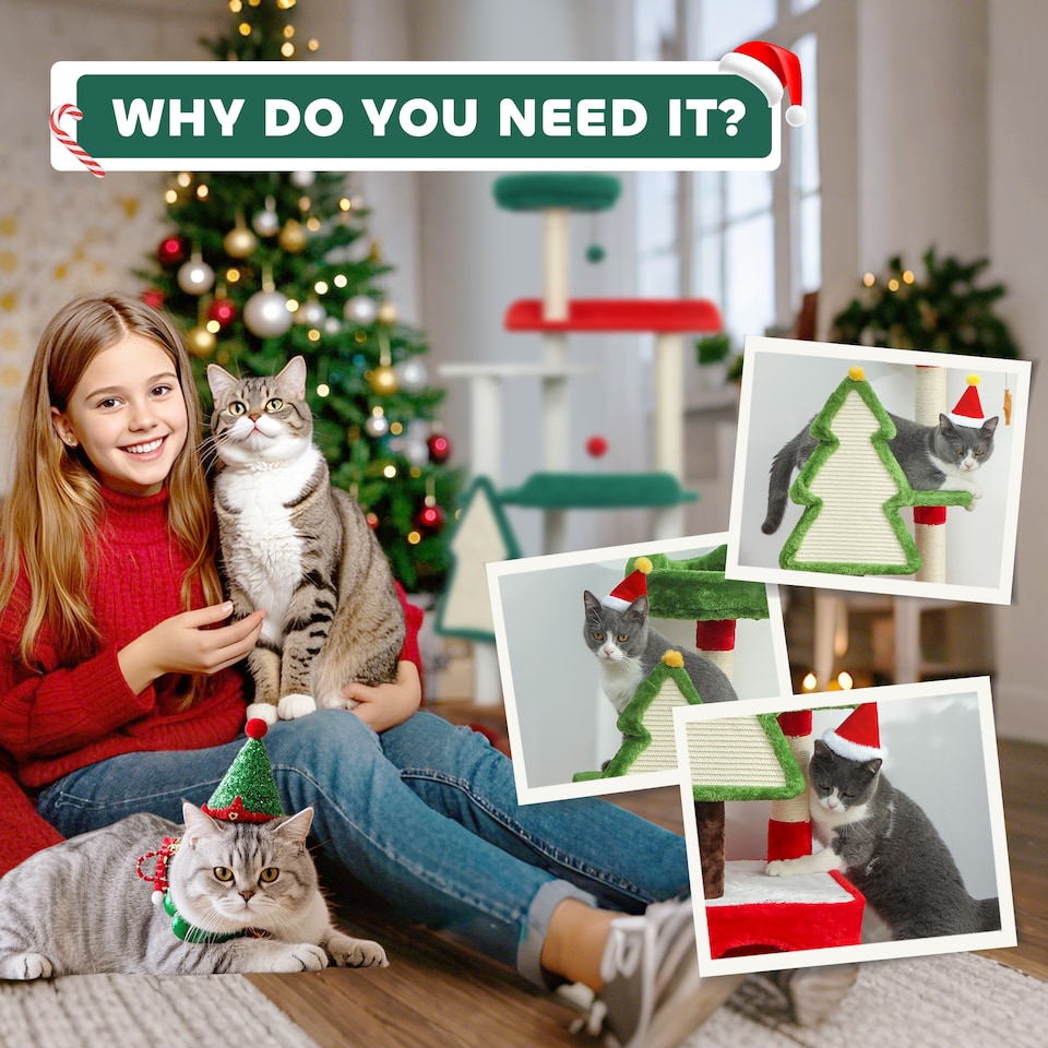 image 1 of PawHut Christmas Cat Tree, 103cm Multilevel Cat Climbing Tower with Scratching Post and Board, Condo, Platform and Toys, Kitty Activity Centre for Indoor Kittens, Green
