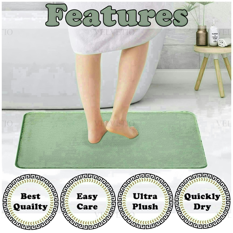 image 1 of VELVETIO Faux Fur Bath Mat Set Shaggy Super Soft Plush Anti Slip PVC Back Green | Sage Green