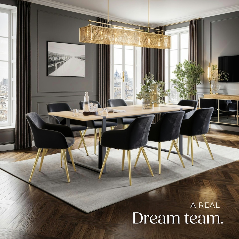 image 1 of Chair Marilyn - with armrests, padded, velvet look, golden steel legs - Set of 2 Black | Black/Gold