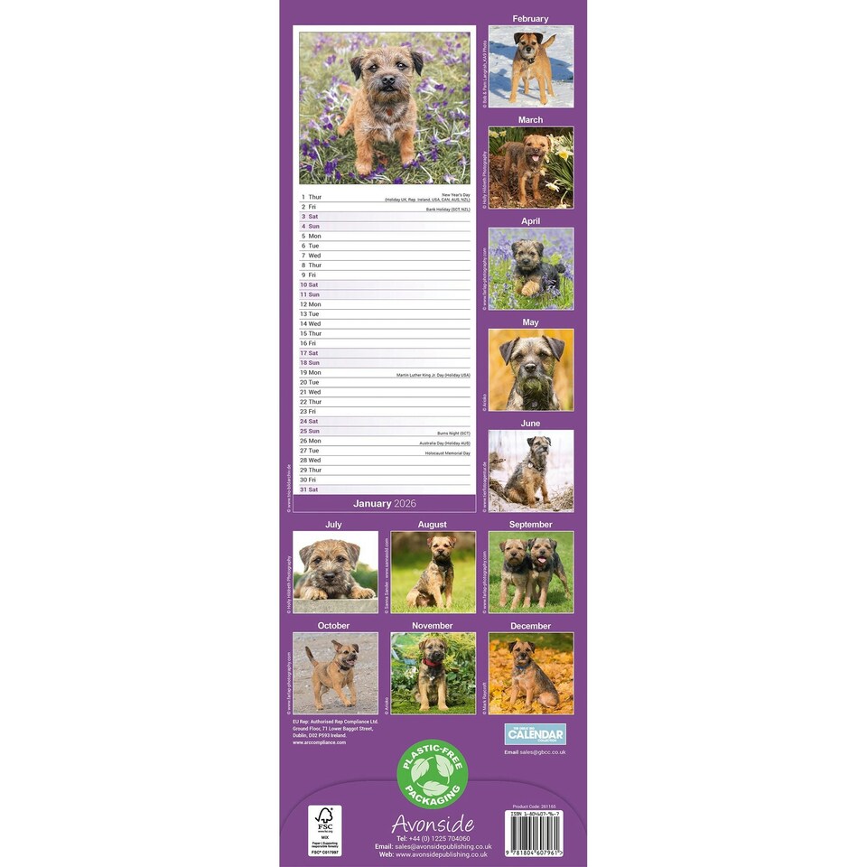 image 1 of Border Terrier Slim 2026 Calendar | Slimline Wall Calendar | Dog Breed Gift | Plastic Free Packaging | by Avonside Publishing [Calendar] Avonside Publishing Ltd