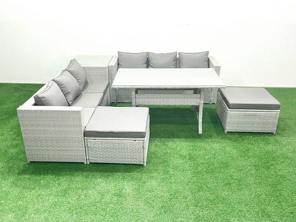 image 1 of Fimous Rattan Garden Furniture Set 8 Seater Outdoor Sofa Set with Dining Table Side Table 2 Big Footstools Light Grey Mixed