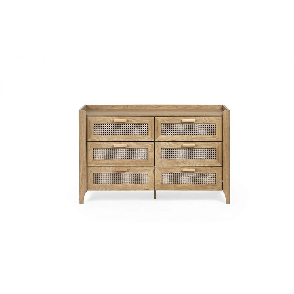 image 1 of Sleek 6 Drawer Rattan Oak Wide Chest