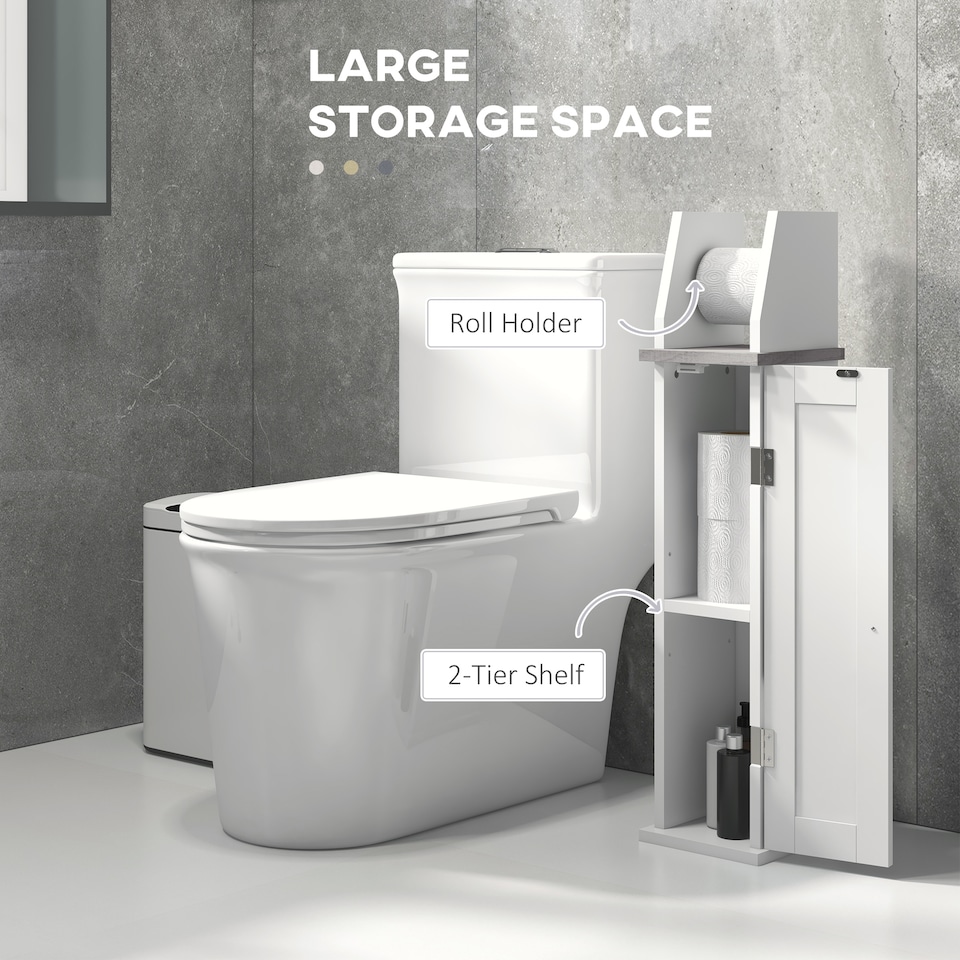 image 1 of kleankin Slim Bathroom Floor Cabinet with Cupboard, Roll Holder and Adjustable Shelf, Toilet Roll Storage Unit for Toilet Paper, Shampoo, White