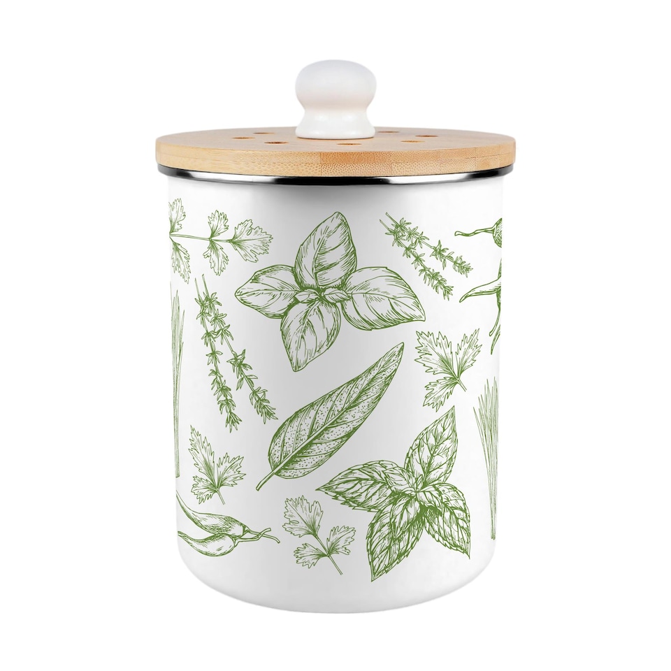 image 1 of Green Herbs Food Waste Caddy - Metal 2L Decorative Kitchen Compost Bin