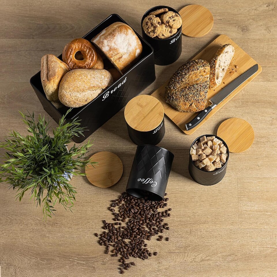 image 1 of 6Pcs Kitchen Storage Canister Jars with Can Opener Airtight Bamboo Lid Tea Coffee Sugar Bread Tins Set