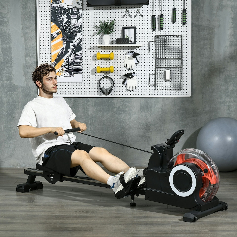 image 1 of SPORTNOW Foldable Water Rowing Machine with Wheels and LCD Monitor, Black