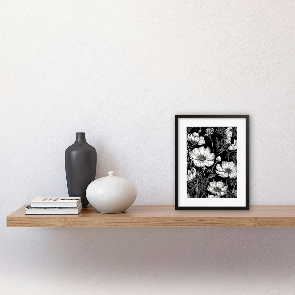 image 1 of Detailed Black White Cosmos Flower Plants 9x7" Black Framed Wall Art Print