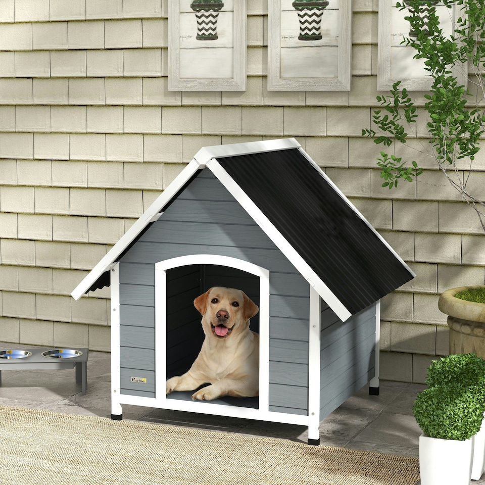 image 1 of PawHut Dog Kennel Outdoor Dog House w/ Removable Floor, for Large Dogs, Grey