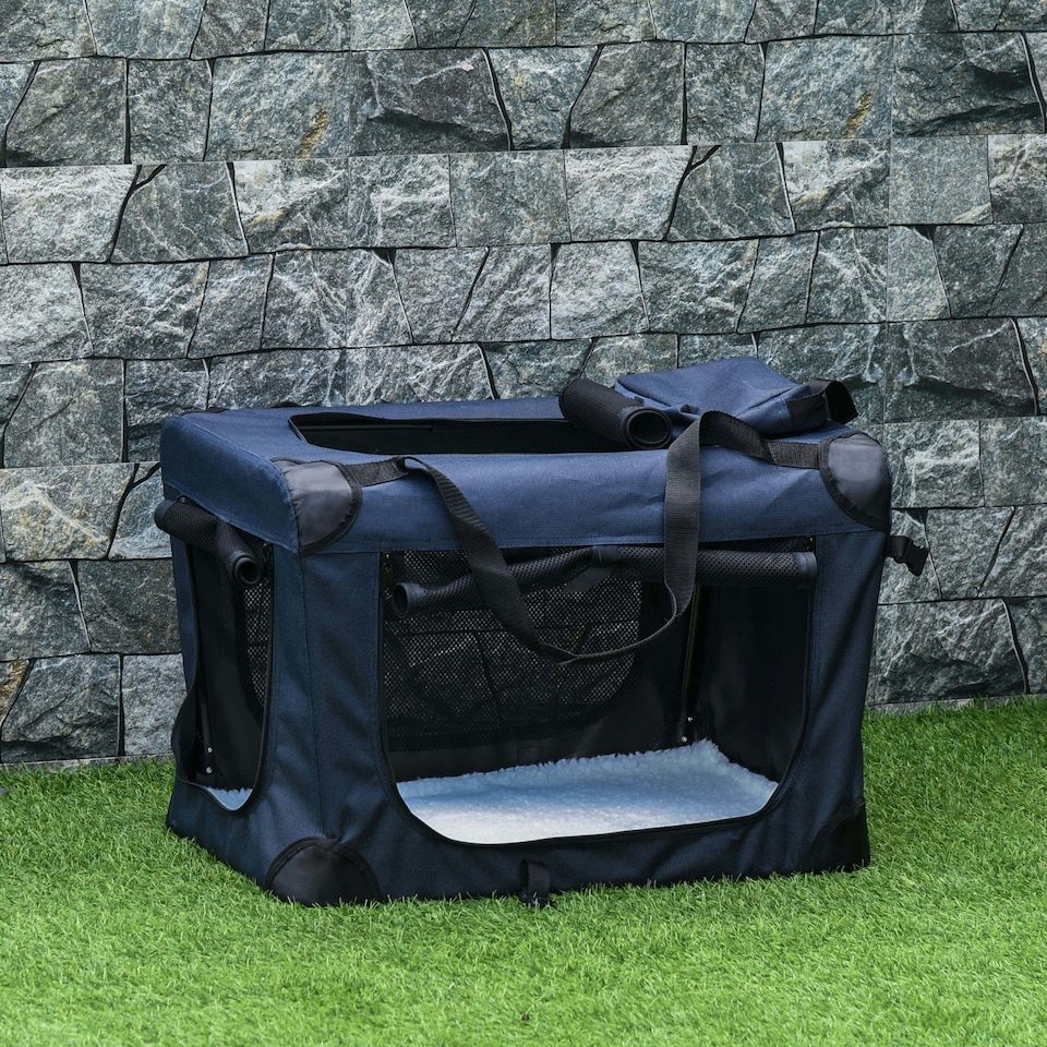 image 1 of PawHut Folding Pet Carrier Bag House W/ Cushion Storage, Dark Blue 70x51x50cm