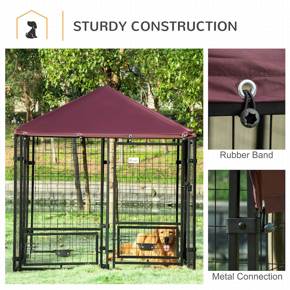 image 1 of PawHut Dog Kennel with Rotating Bowl Holders, Cover, Outdoor Dog Run