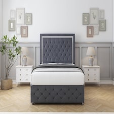 Sloomy Sofia Chrome Steel Plush Divan Bed With Mattress 2 Drawers Left Side With 26" Strutted Headboard & 12" Matching Footboard 4'6 Double | Grey | Steel | Double | 1