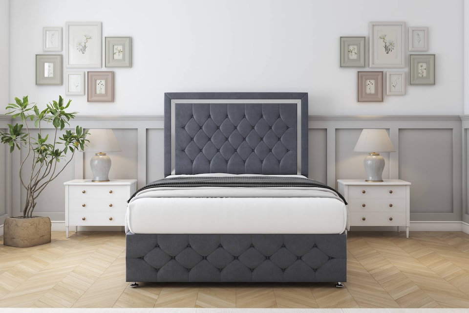 image 1 of Sloomy Sofia Chrome Steel Plush Divan Bed With Mattress 2 Drawers Left Side With 26" Strutted Headboard & 12" Matching Footboard 4'6 Double | Grey | Steel | Double | 1