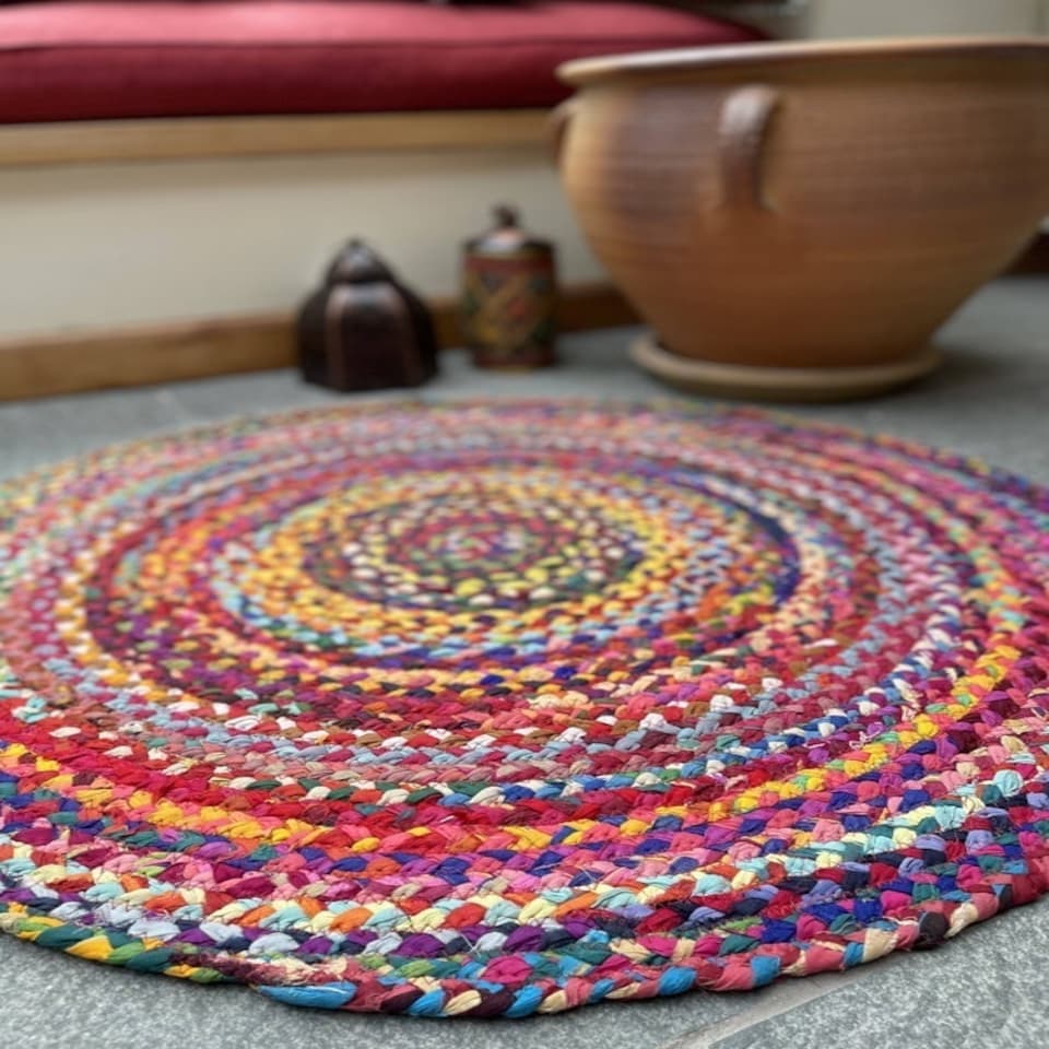 image 1 of SUNDAR Round Rug Braided with Recycled Fabric - L60 x W60 - Multicolour Multi