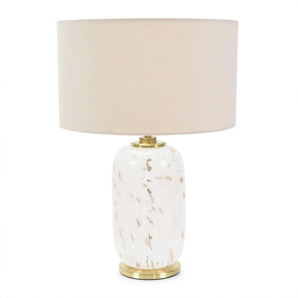 image 1 of ValueLights India Natural Drum Shade on Rounded White Confetti Glass Table Lamp with LED Bulb