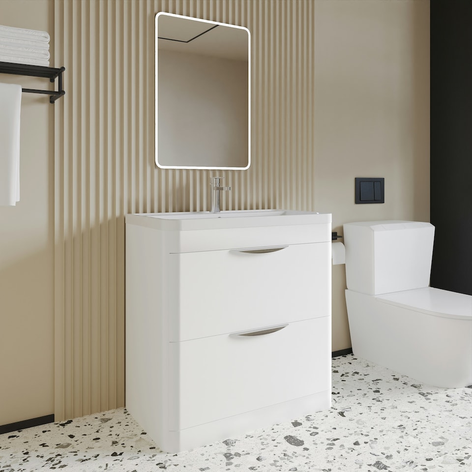 image 1 of Floor Standing 2 Drawer Vanity Unit with Polymarble Basin - 800mm - Gloss White White