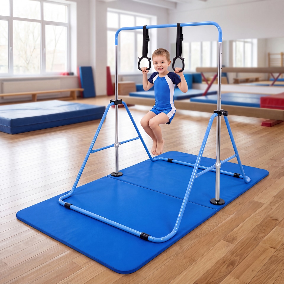 image 1 of Kayman Gymnastics Bar and Floor Mat Set for Kids with Training Rings
