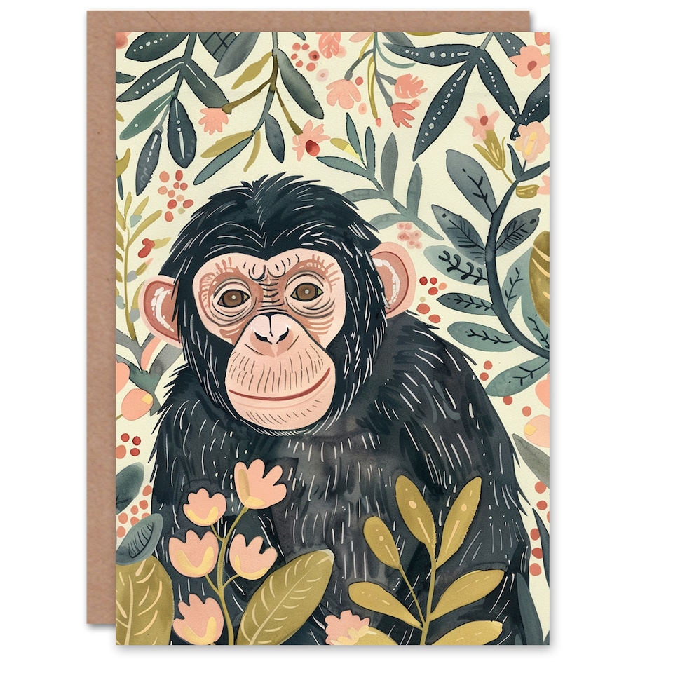 image 1 of Chimpanzee Ape Monkey With Pink Flowers Watercolour Birthday Card