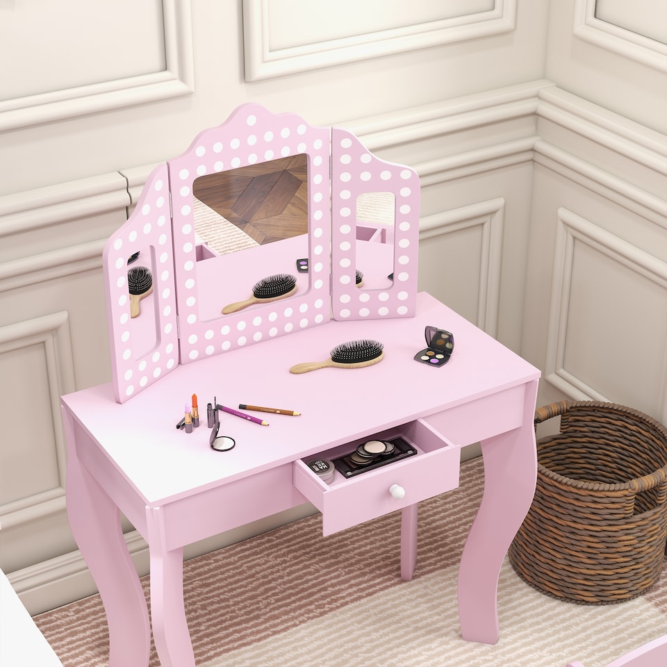 image 1 of AIYAPLAY Kids Dressing Table Set Make up w Stool, Drawer, for Playroom | Pink
