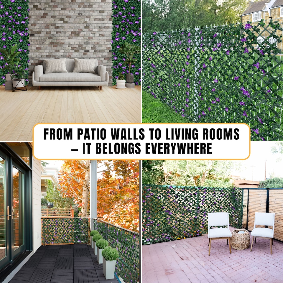image 1 of Expanding Trellis With Artificial Leaves and Flowers - Ficus Leaf Garden Hedge Balcony Privacy Screening Panel | Green | Green & Purple | M | 1