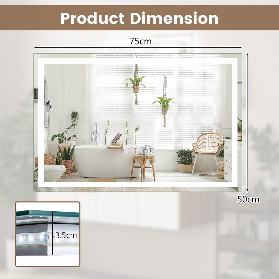 image 1 of COSTWAY 75 x 50 CM LED Lighted Bathroom Mirror Wall Mounted