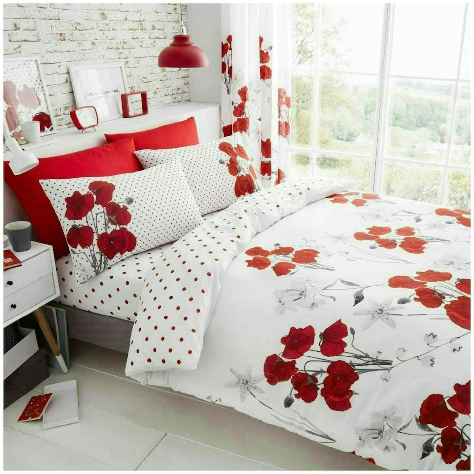 image 1 of VELVETIO Poppy Flower Duvet Cover Set Reversible Polycotton Easy Care Beddings Red | Super King