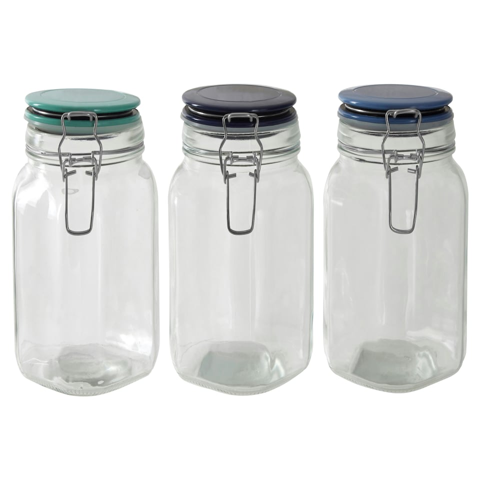 image 1 of Interiors by Premier Glass Storage Jar – 1050ml (Set of 3 Assorted Colours), Clear Glass Canisters with Airtight Clip-Top Lids