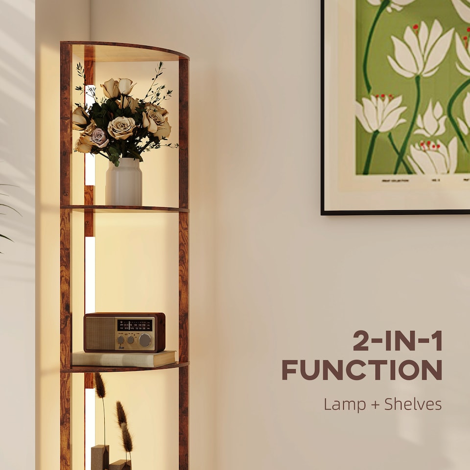 image 1 of HOMCOM LED Floor Lamp with Shelves, 4 Layers Dimmable Modern Standing Lamp with 3 Brightness Levels and Foot Switch for Living Room, Bedroom, Office, Rustic Brown