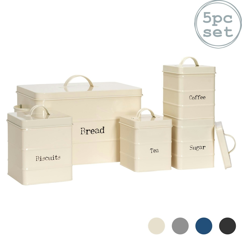 image 1 of Harbour Housewares 5 Piece Cream Vintage Metal Kitchen Canisters Set Utility Storage Utility Containers Storage Box Storage Container