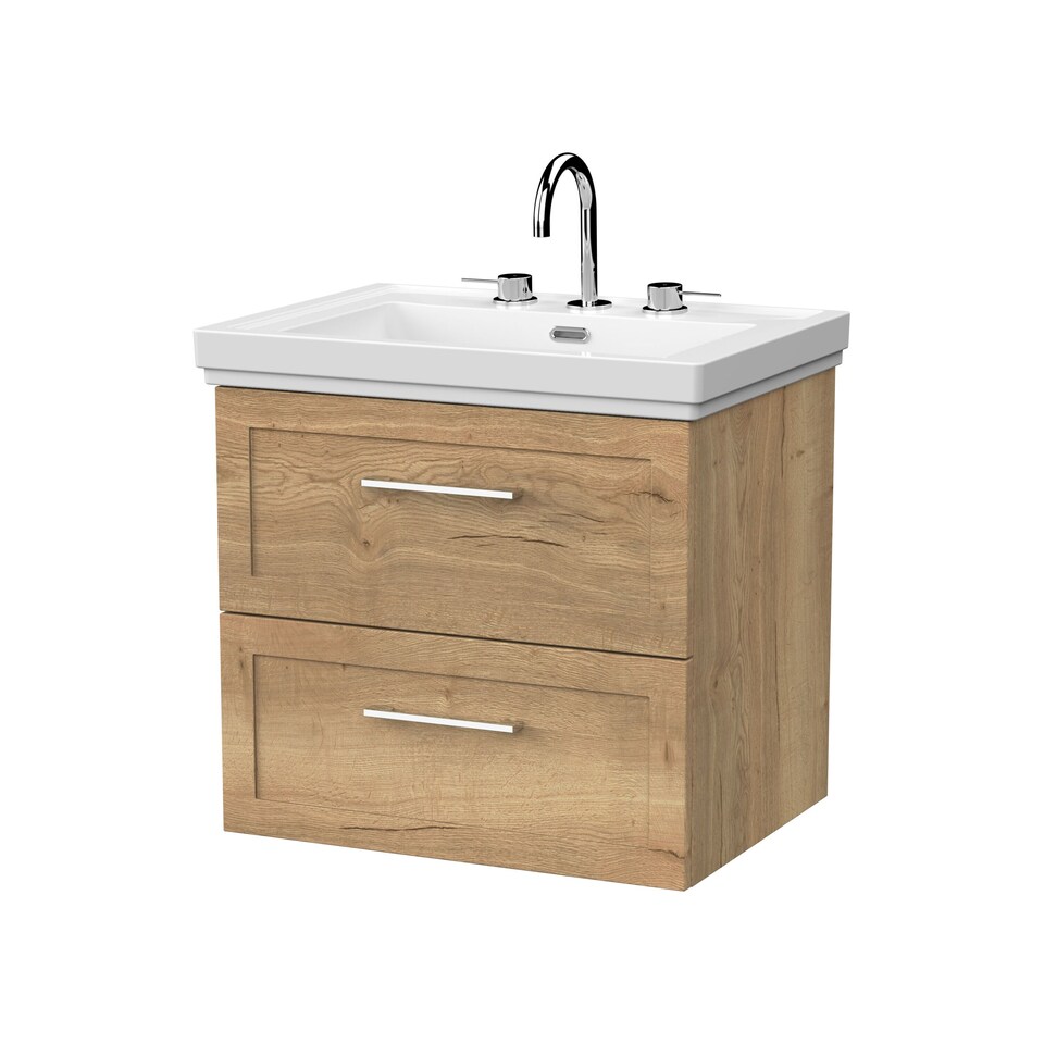 image 1 of Balterley Stonnall Traditional Wall Hung 2 Drawers Vanity Unit with Traditional 3 Tap Hole Fireclay Basin, 600mm, Autumn Oak