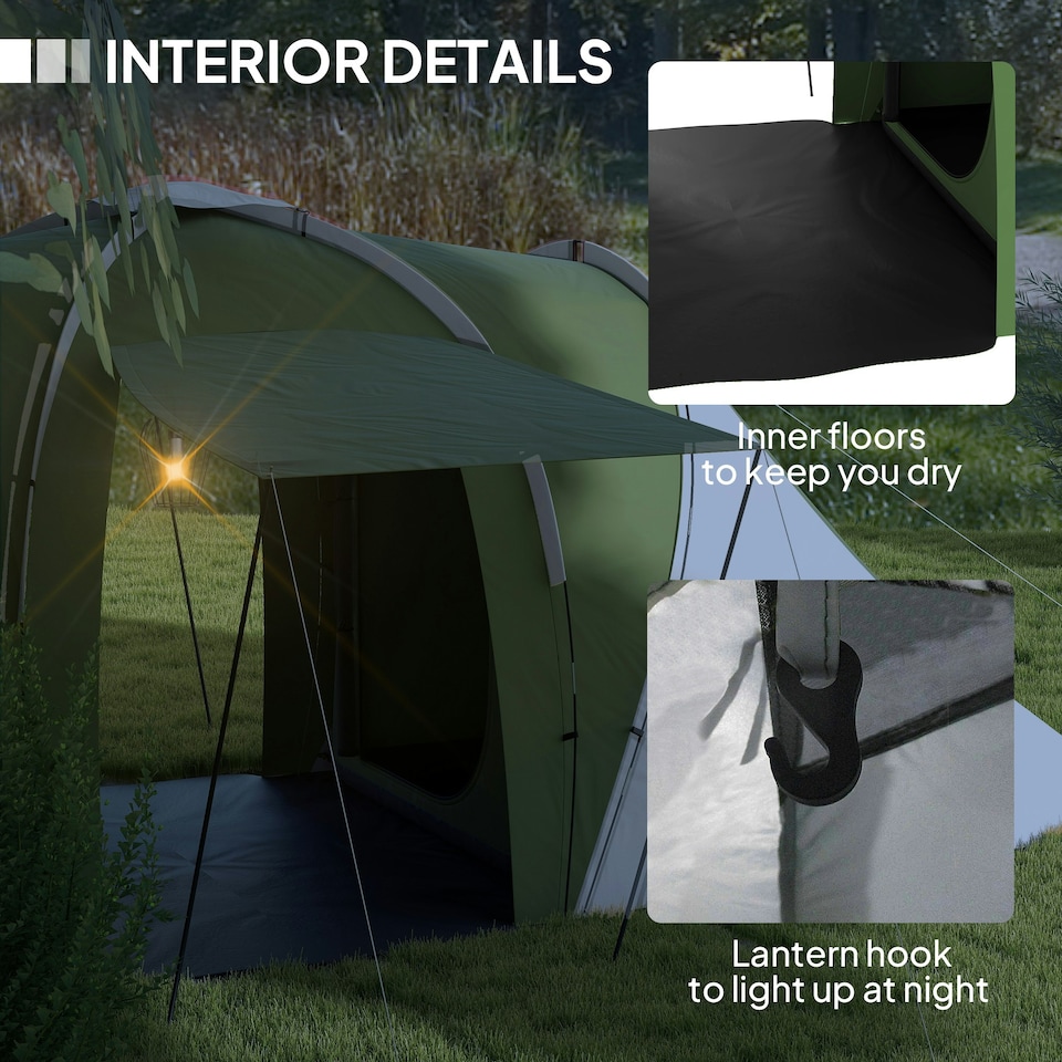 image 1 of Outsunny 4-6 Man Camping Tent with 2 Bedroom and Living Area, Green, White Green | Green and White