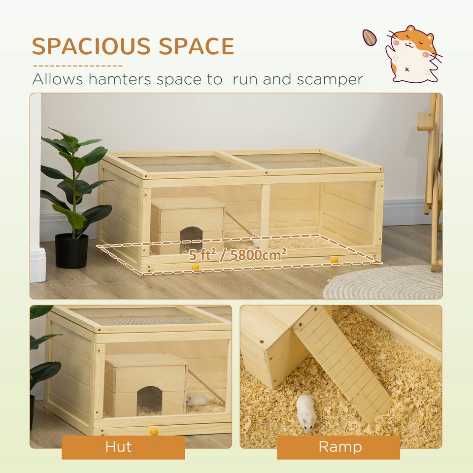 image 1 of PawHut Wooden Hamster Cage w/ Sliding Tray, Openable Top, Hut, Natural Wood