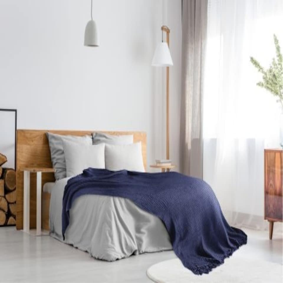 image 1 of Waffle Collection Recycled Cotton Throw in Navy (50" x 60")