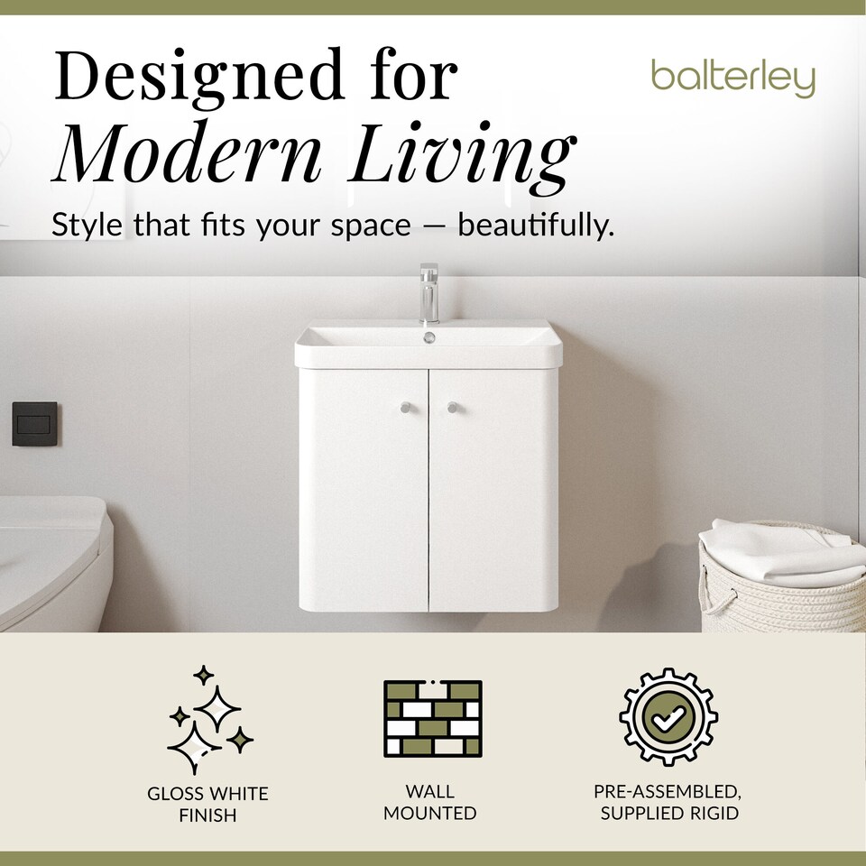 image 1 of Balterley Curve Modern Bathroom Wall Hung 2 Door Vanity Unit Basin | White | Gloss White